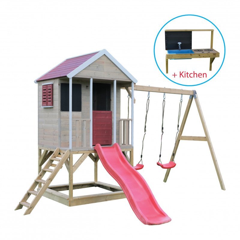Wendi Toys Casuta Summer Adventure House cu loc pentru nisip tobogan leagan dublu si bucatarie