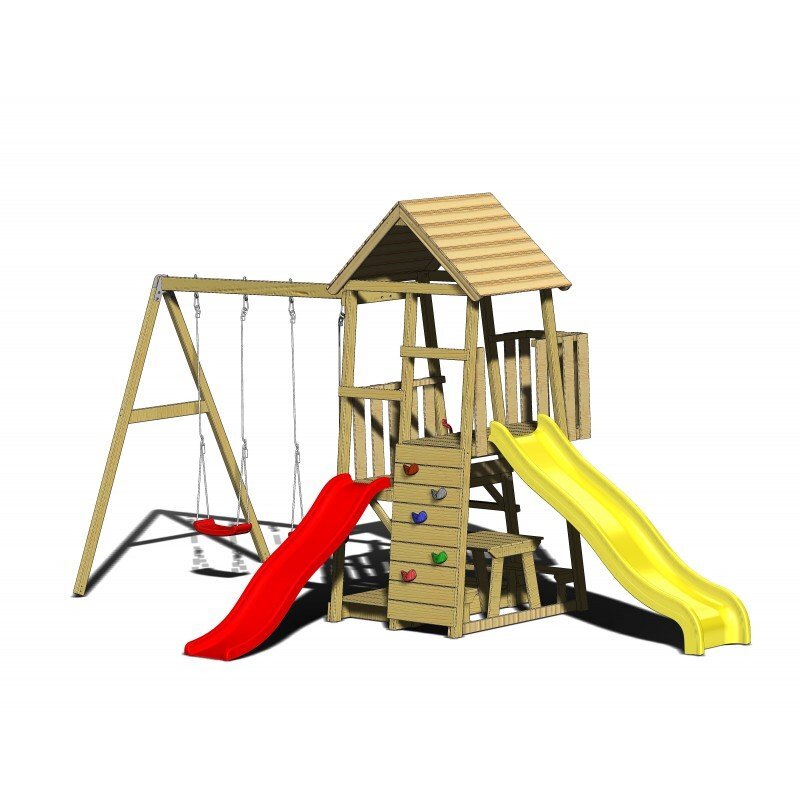 Wendi Toys Turn de joaca cu 2 platforme panou de catarare 2 tobogane 2 leagane masuta de picnic cu bancute si lada de nisip