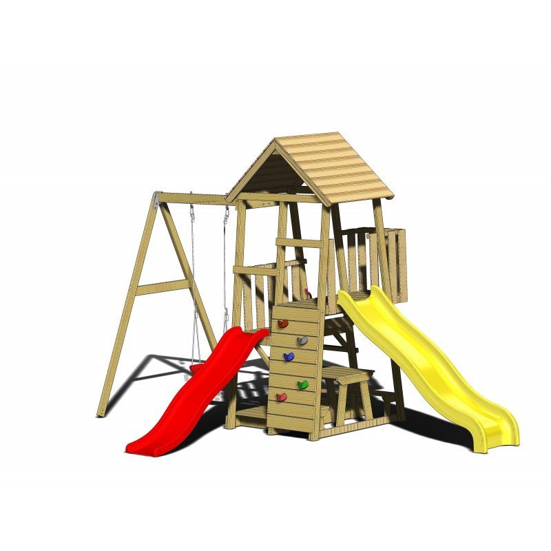 Wendi Toys Turn de joaca cu 2 platforme panou de catarare 2 tobogane leagan masuta de picnic cu bancute si lada de nisip