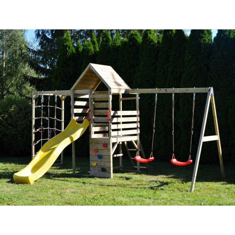 Wendi Toys Turn de joaca cu 2 platforme panou de catarare tobogan leagan dublu si modul de gimnastica