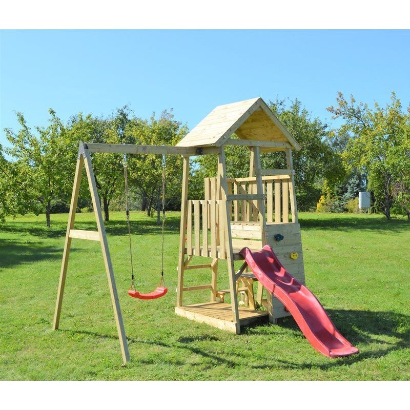 Wendi Toys Turn de joaca cu 2 platforme panou de catarare tobogan leagan masuta de picnic cu bancute si lada de nisip