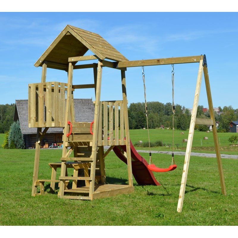 Wendi Toys Turn de joaca cu 2 platforme panou de catarare tobogan leagan masuta de picnic cu bancute si lada de nisip