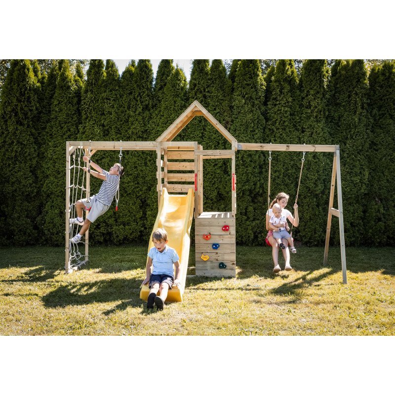 Wendi Toys Turn de joaca cu 2 platforme panou de catarare tobogan leagan si modul de gimnastica