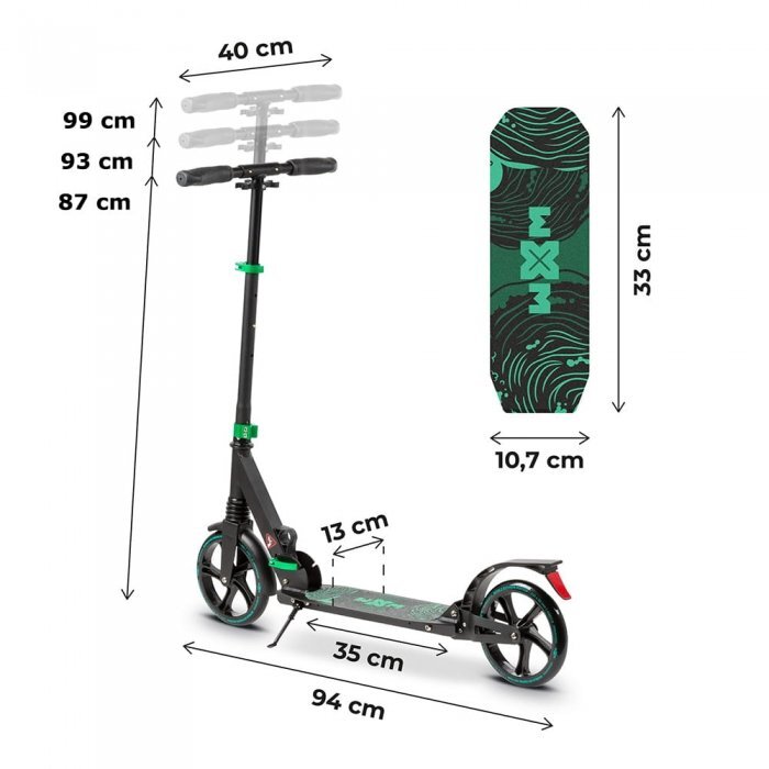 WXM Trotineta pliabila de oras green ghidon reglabil din otel si aluminiu cric suspensii curea de transport greutate suportata 100 kg varsta 6 ani+