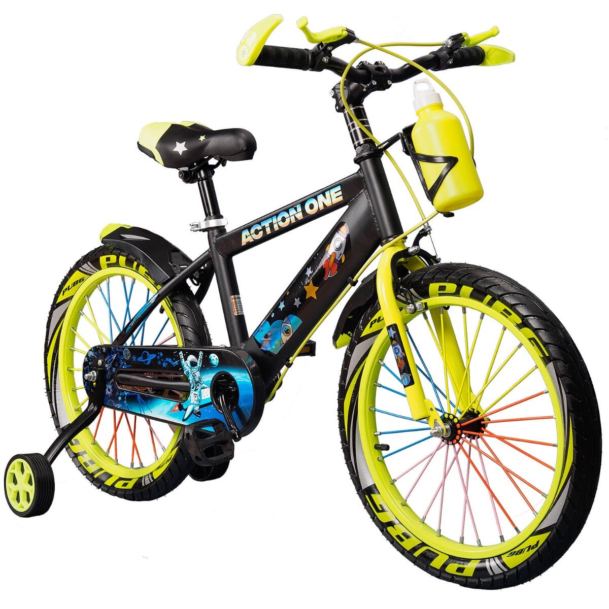 Action One Bicicleta cu roti ajutatoare si bidon pentru apa Cameleon II 14 inch Verde Neon