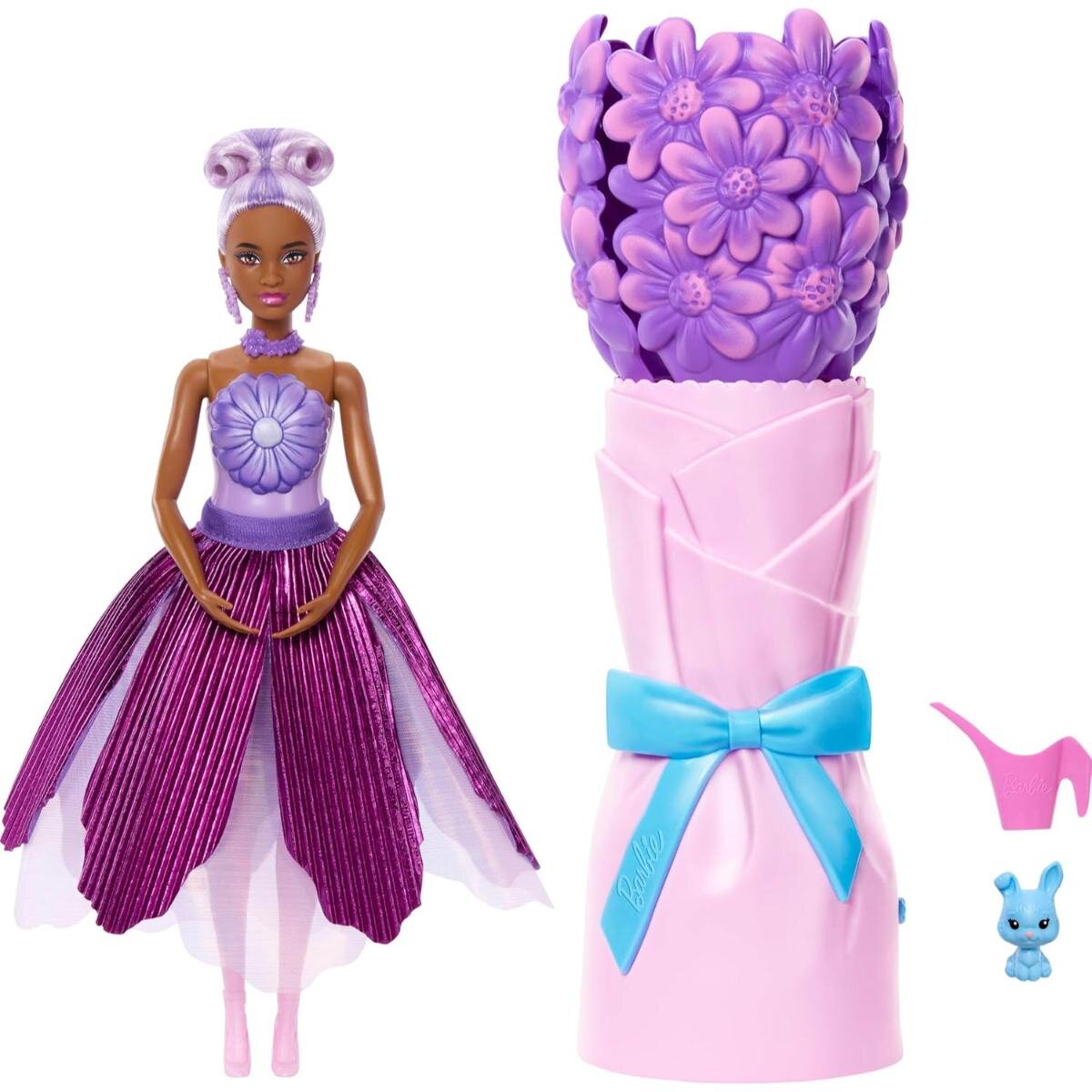 Barbie Papusa cu accesorii surpriza Petal Pop Mov JMF58