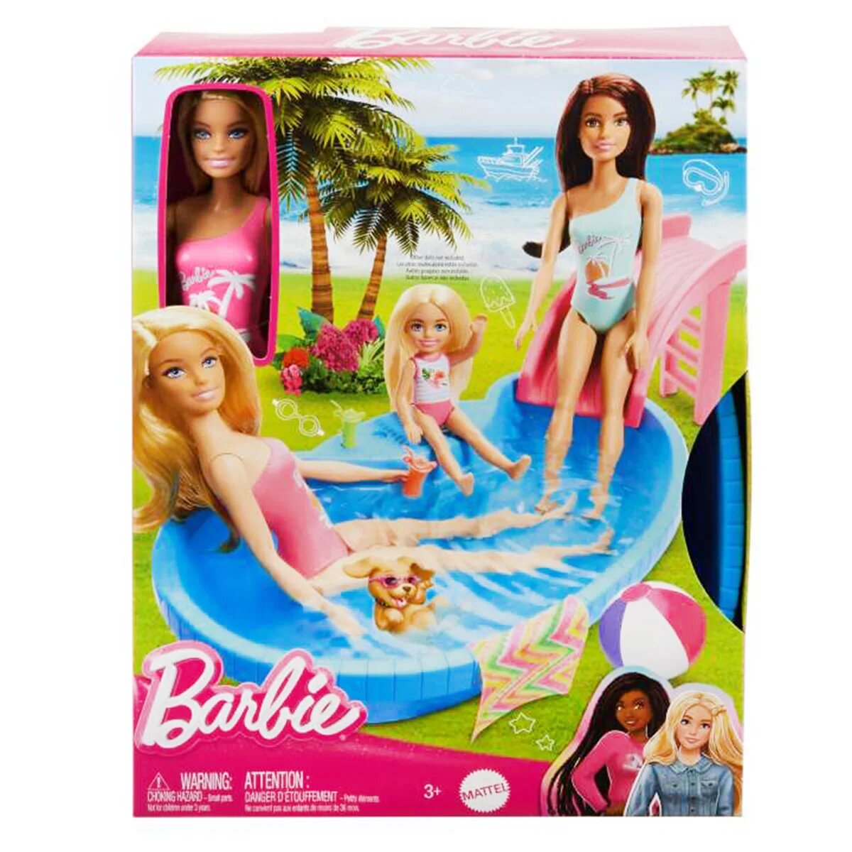 Barbie Set de joaca cu papusa piscina cu tobogan si accesorii HRJ74