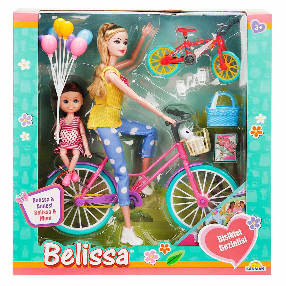 Belissa Set de joaca papusa bruneta si mama ei pe bicicleta