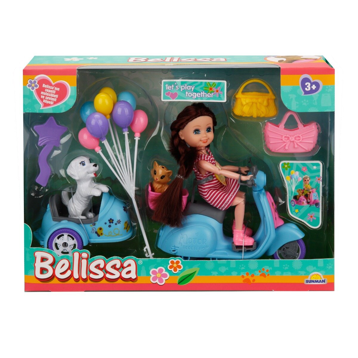 Belissa Set de joaca papusa pe scuter si animalute dragute Albastru