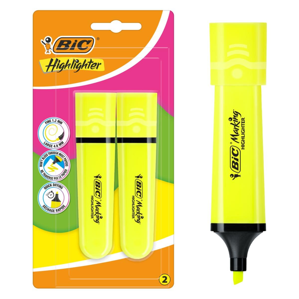 Bic Set 2 markere evidentiatoare Highlighter Flat Galben Neon