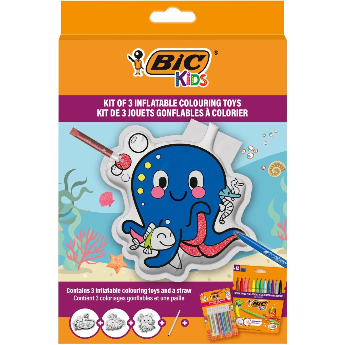 Bic Set 3 jucarii gonflabile cu 12 markere colorate si 6 tuburi cu lipici