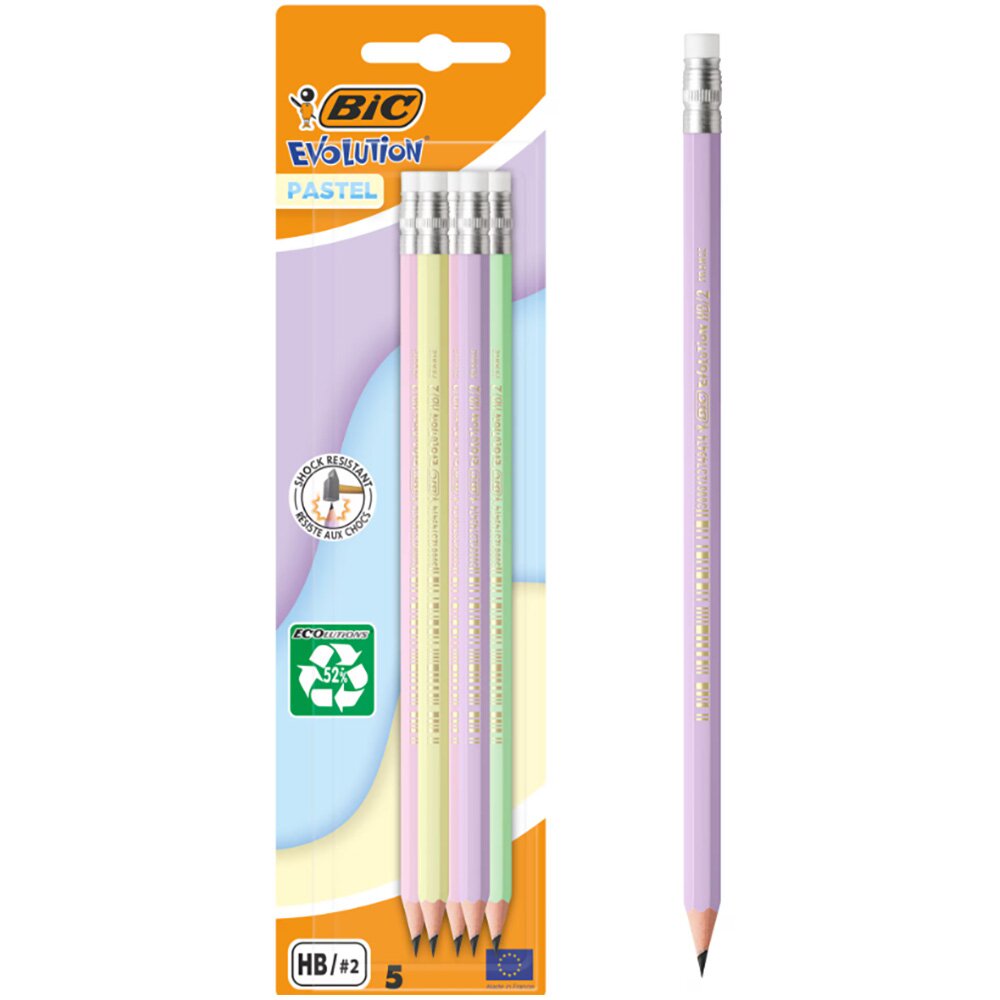 Bic Set 5 creioane grafit cu radiera si mina Hb Evolution Pastel