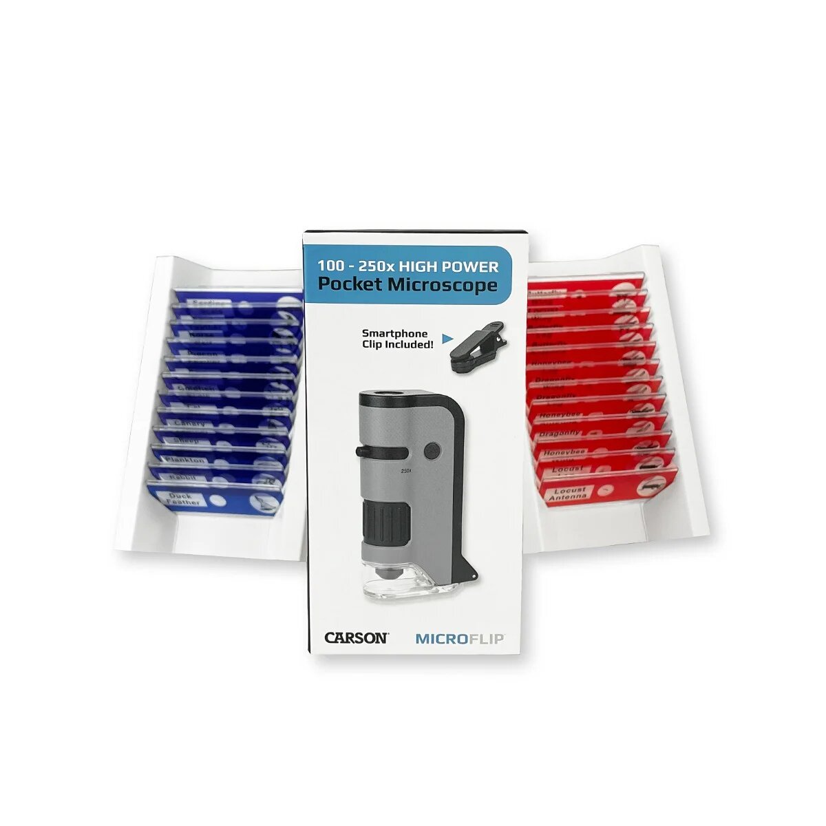 Carson Microscop portabil cu LED si UV cu adaptor de smartphone 24 de lamele pregatite marire 100-250x MicroFlip