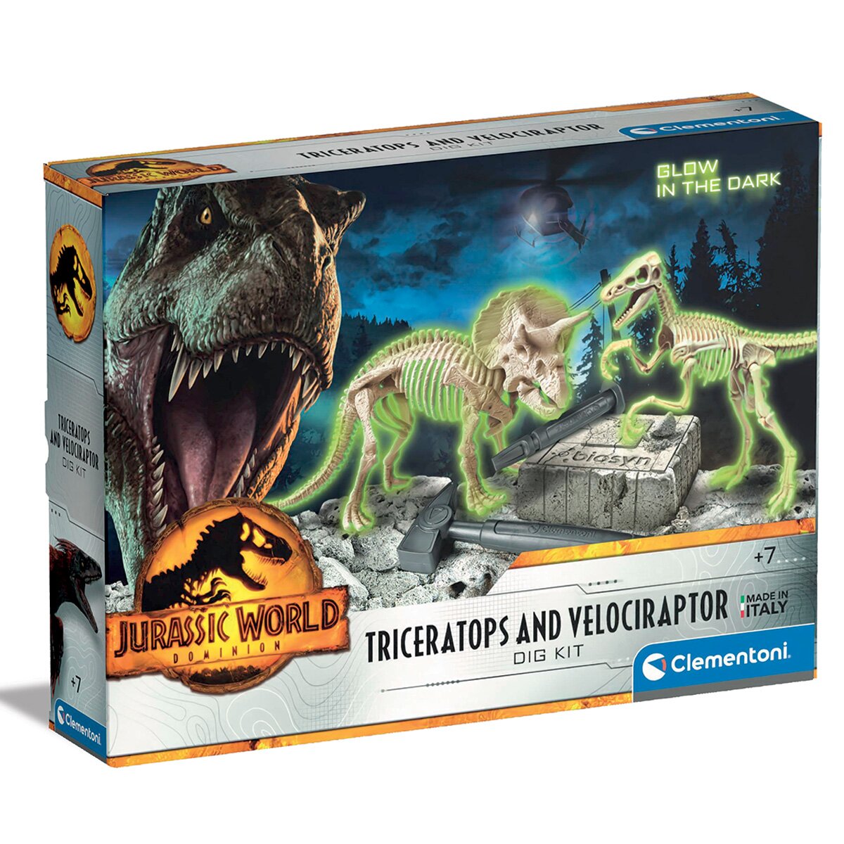 CLEMENTONI Kit arheologic Glow in the Dark Triceratops si Velociraptor
