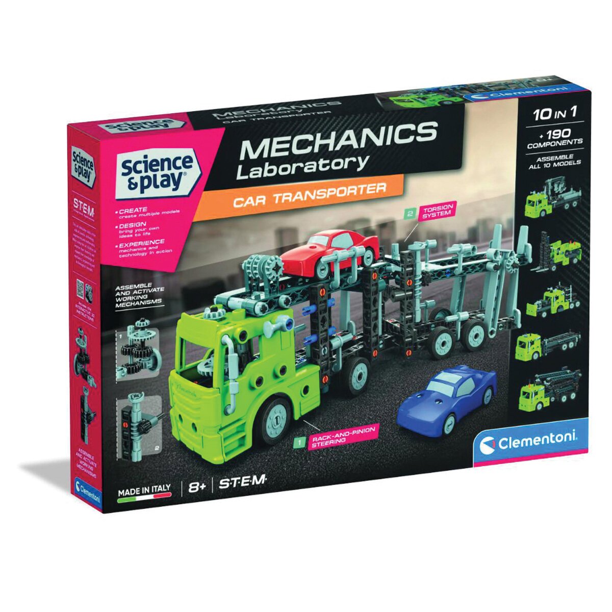 CLEMENTONI Kit de constructie Science & Play Camion cu remorca si masinute 190 piese