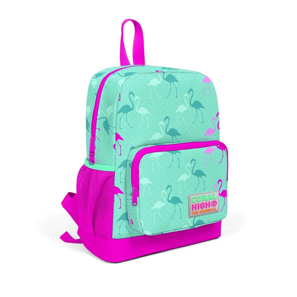 Coral High Ghiozdan cu 2 compartimente turcoaz cu flamingo