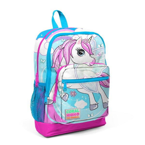Coral High Ghiozdan cu 4 compartimente bleu cu unicorn