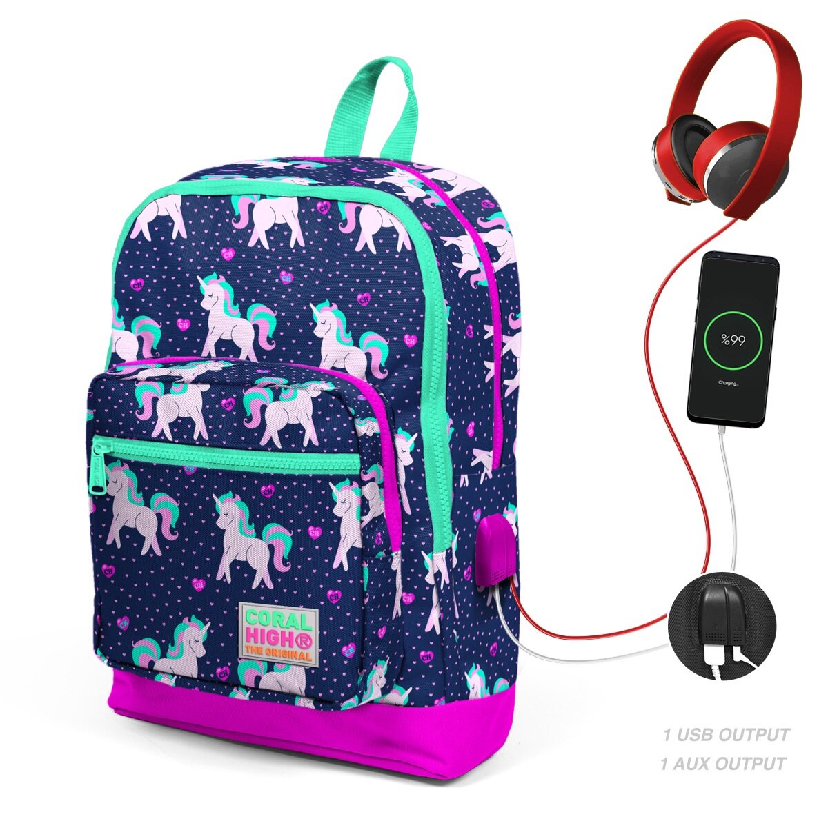 Coral High Ghiozdan cu 4 compartimente cu USB bleumarin cu unicorni