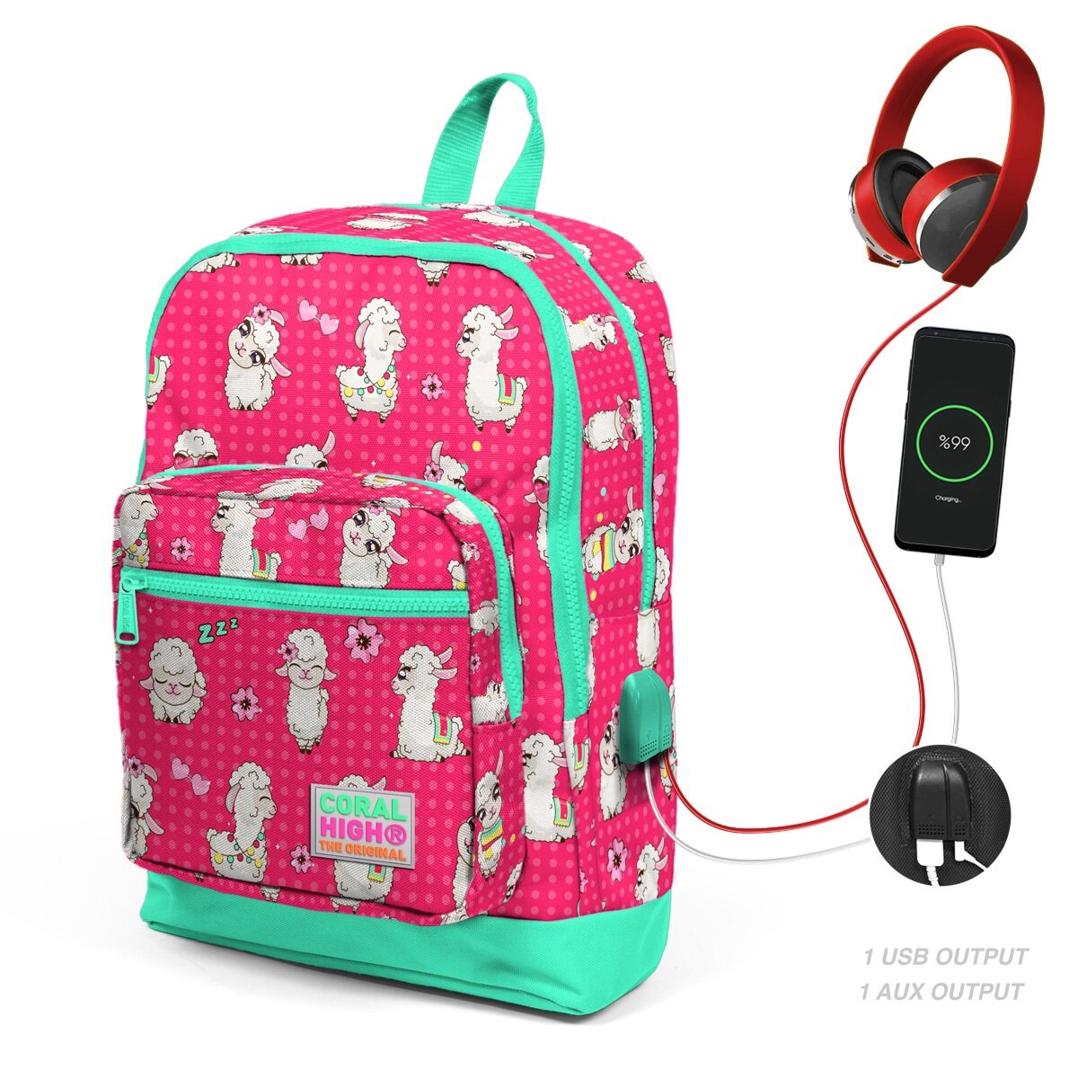 Coral High Ghiozdan cu 4 compartimente cu USB model alpaca