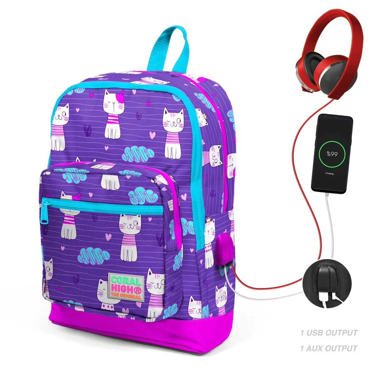 Coral High Ghiozdan cu 4 compartimente cu USB model pisicute