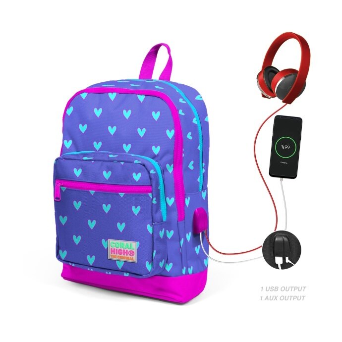 Coral High Ghiozdan cu 4 compartimente cu USB mov cu inimioare bleu