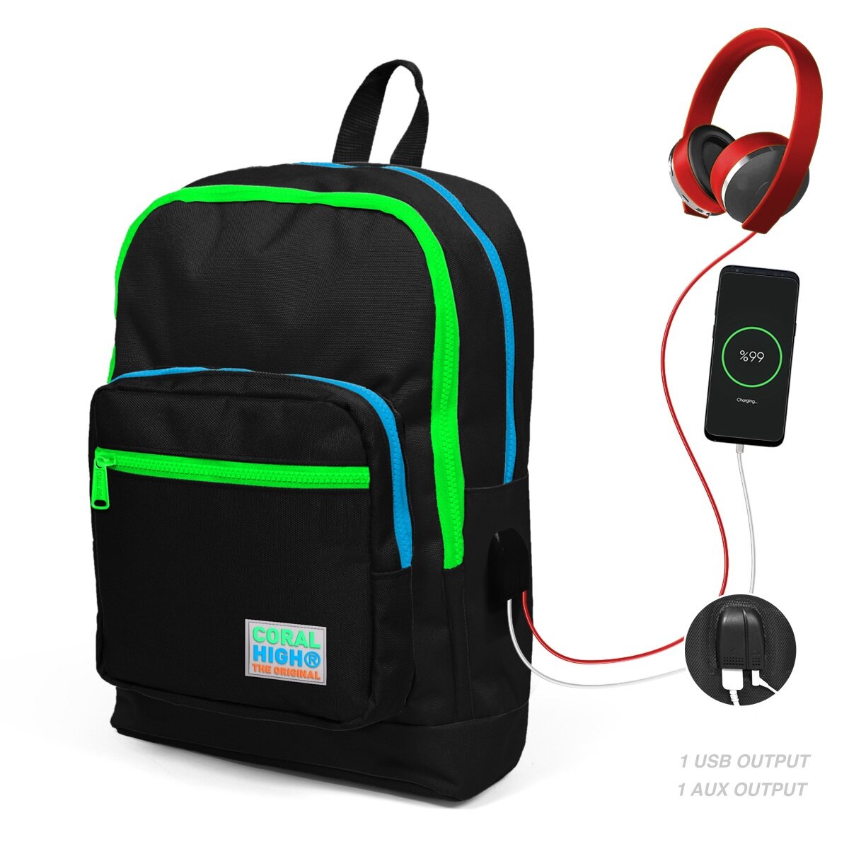 Coral High Ghiozdan cu 4 compartimente cu USB negru