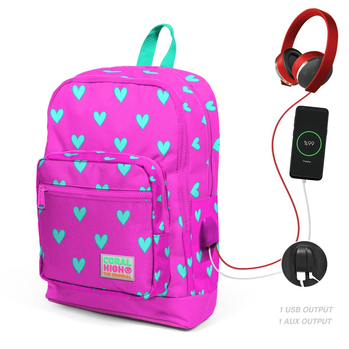 Coral High Ghiozdan cu 4 compartimente cu USB roz cu inimioare