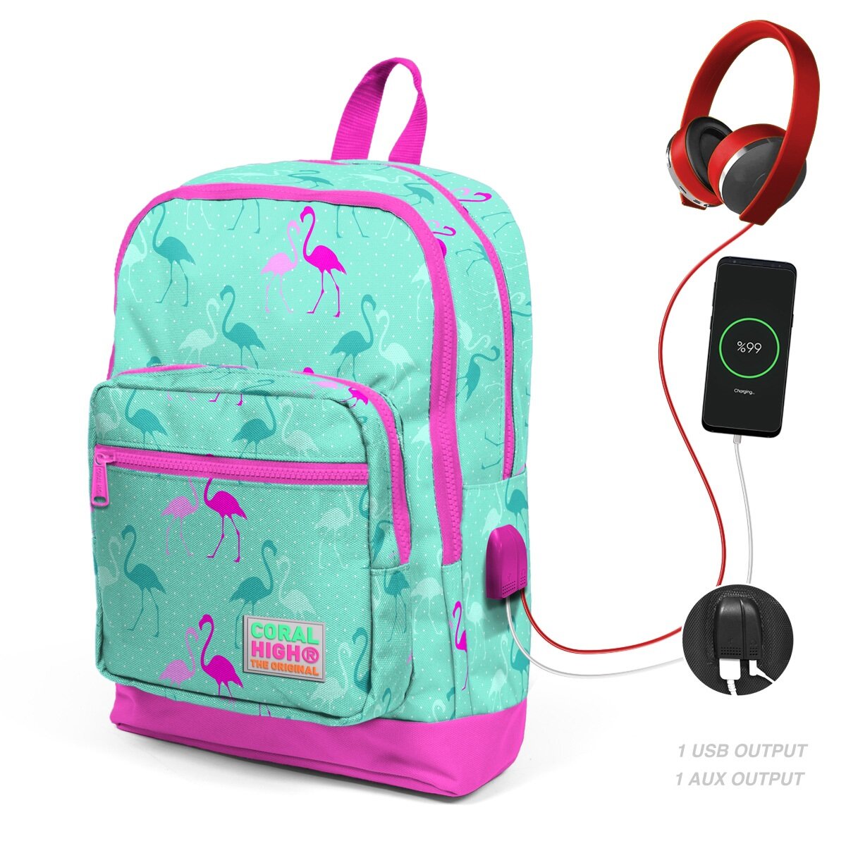 Coral High Ghiozdan cu 4 compartimente cu USB turcoaz cu flamingo