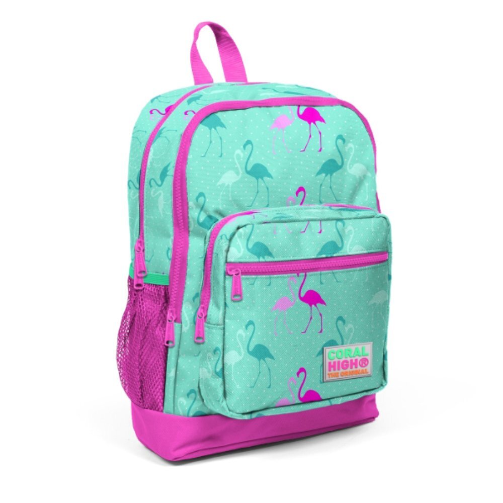 Coral High Ghiozdan cu 4 compartimente turcoaz cu flamingo