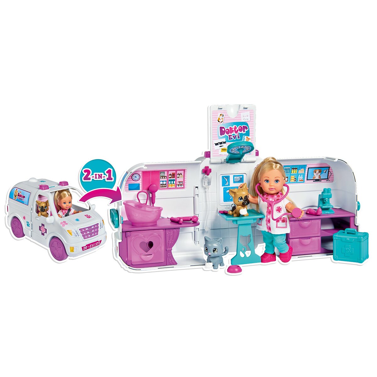 Evi Love Set 2 in 1 papusa Cabinet veterinar mobil