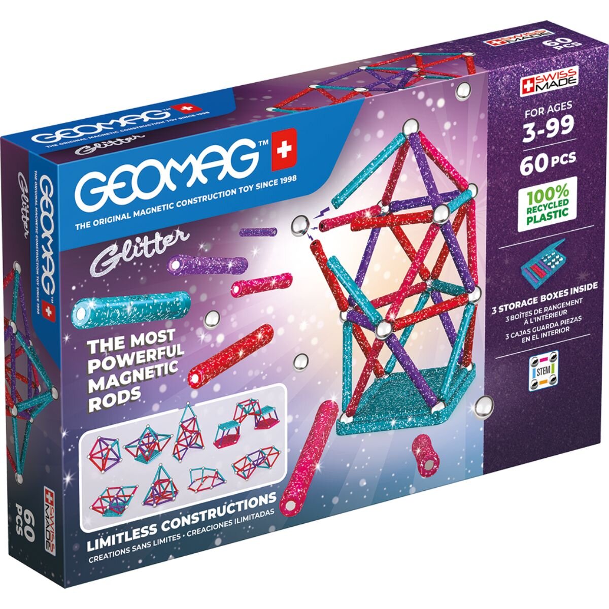 Geomag Joc magnetic de constructie Glitter 60 Piese Reciclat