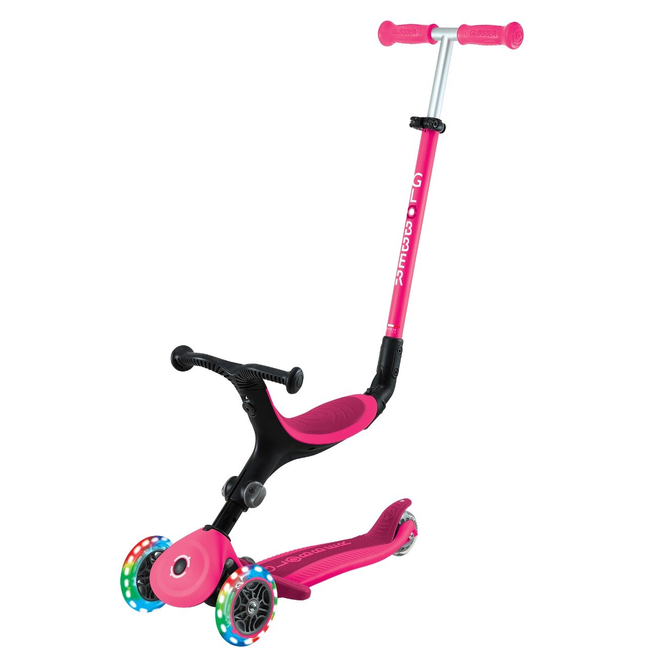 Globber Trotineta 3 in 1 cu scaun si roti luminoase Go Up Active Roz
