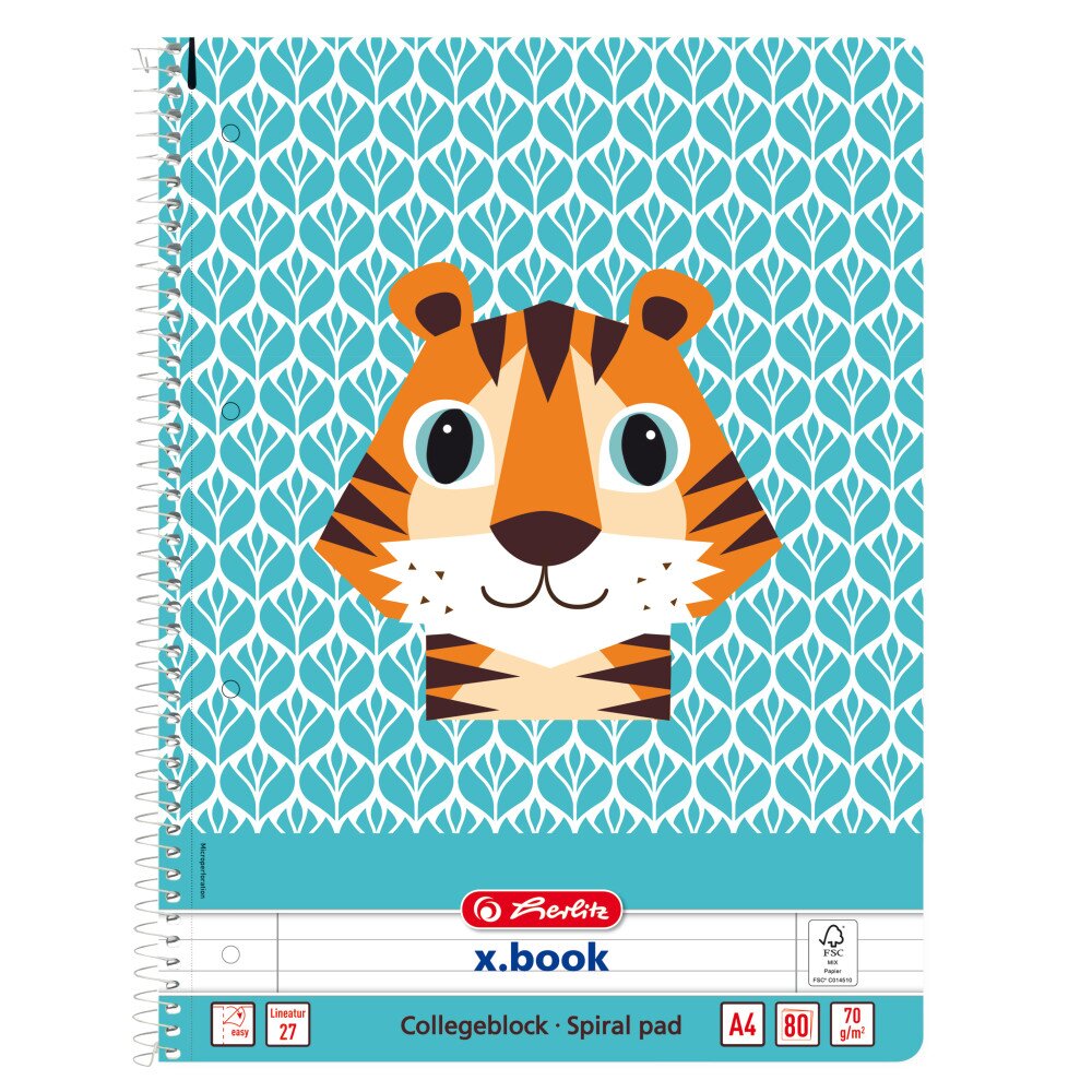 Herlitz Caiet dictando cu spirala A4 Cute Animals Tigru 80 file