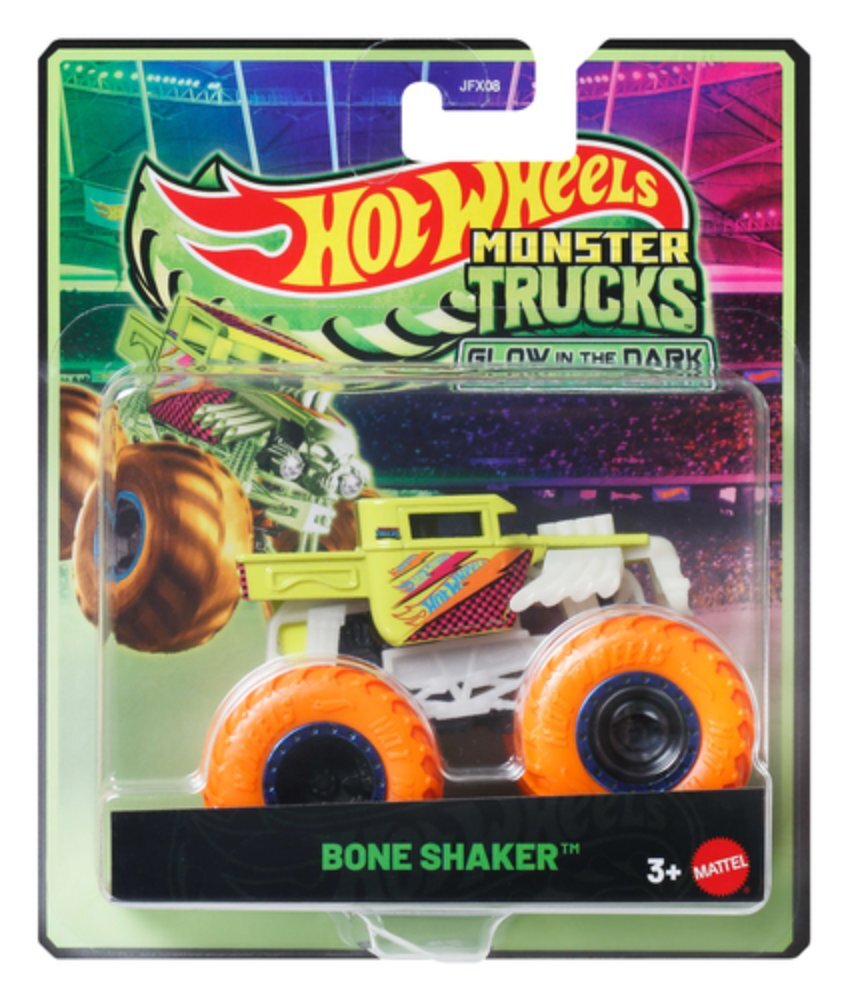 Hot Wheels Masina Monster Truck Glow In The Dark Bone Shaker 1:64 JFX11