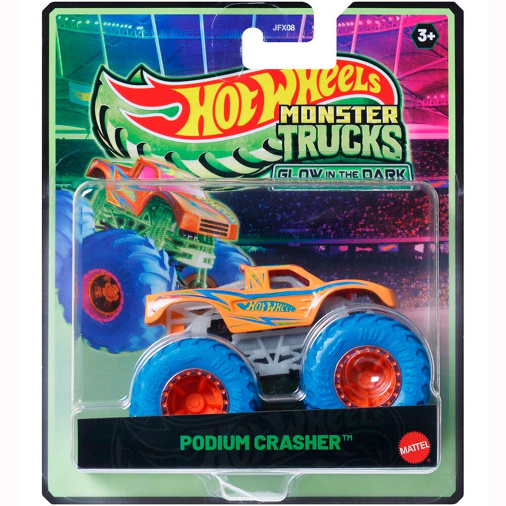 Hot Wheels Masina Monster Truck Glow In The Dark Podium Crasher JFX12