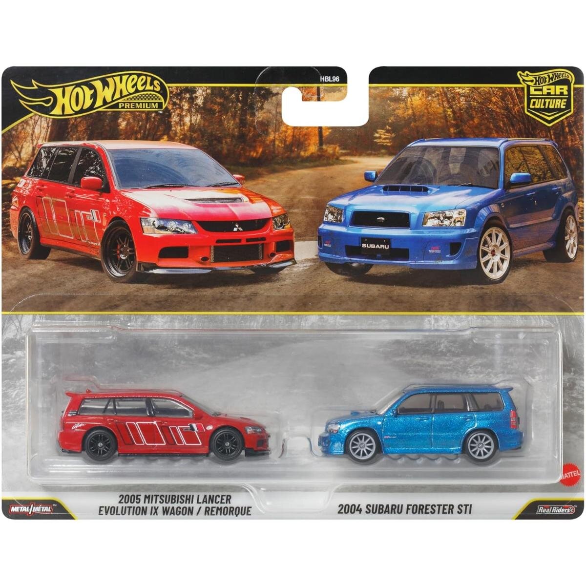 Hot Wheels Set 2 masini metalice Car Culture 2005 Mitsubishi Lancer Evolution IX Wagon si 2004 Subaru Forester STI JHW46