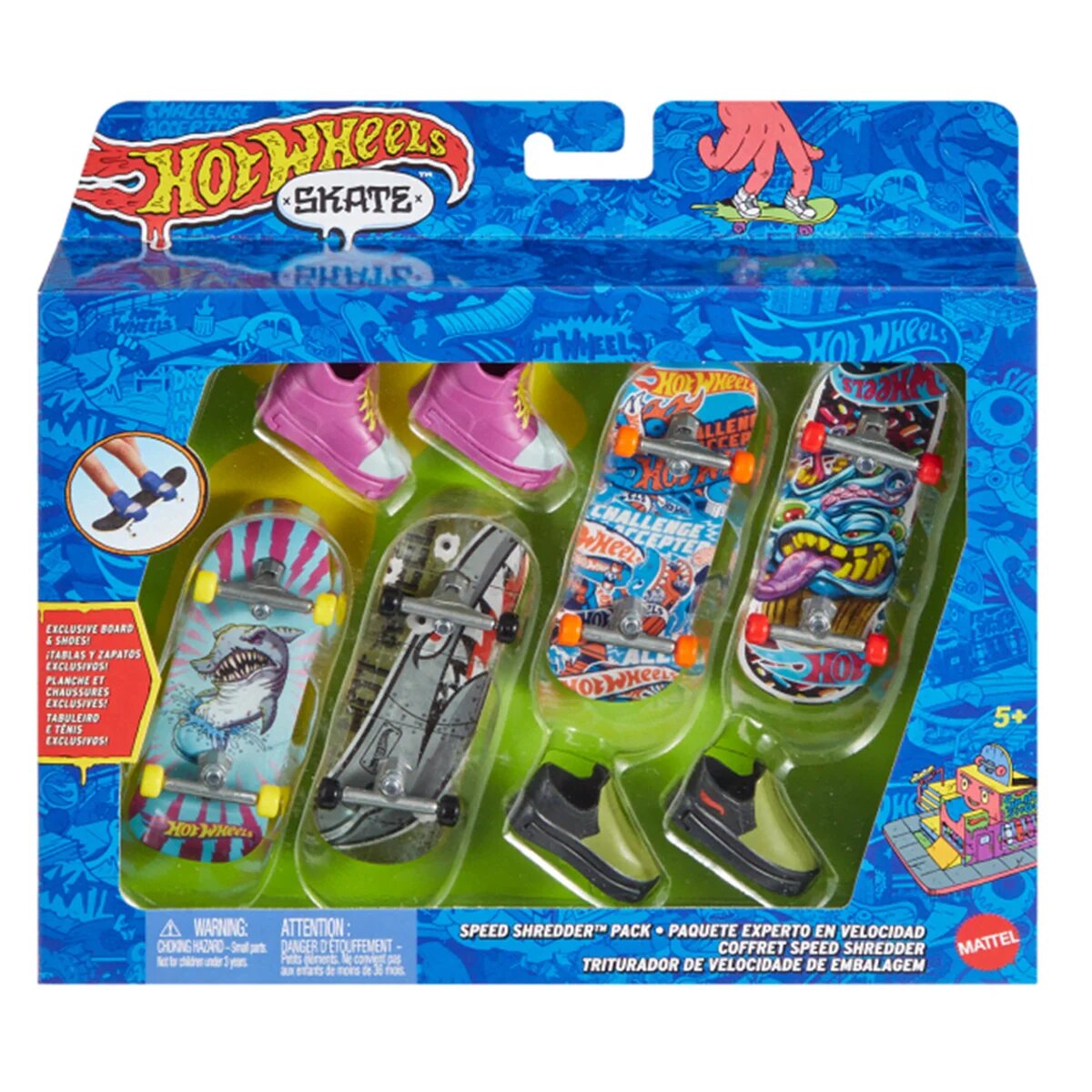 Hot Wheels Set 4 mini skateboarduri si 2 perechi pantofi HVM15