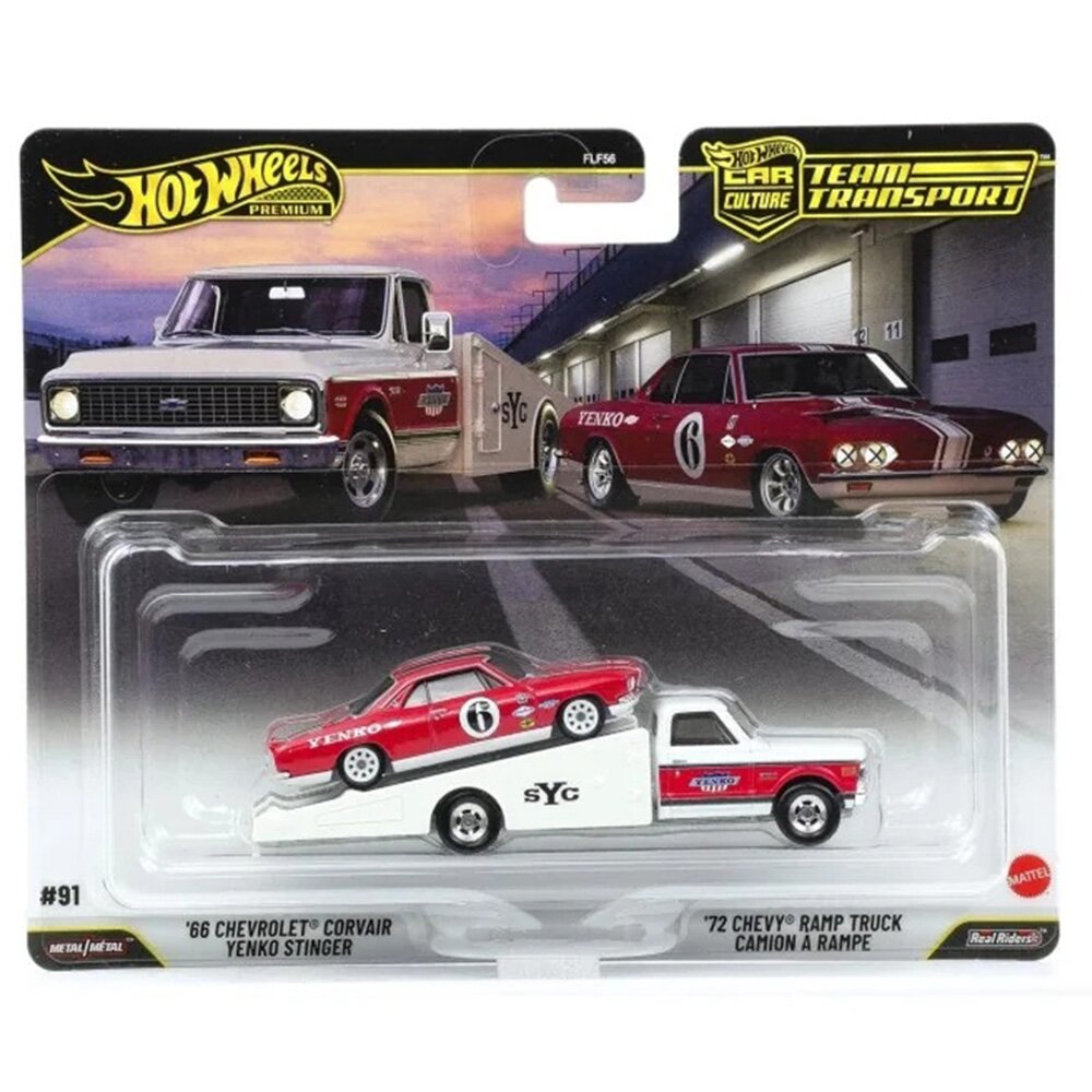 Hot Wheels Transportator cu masinuta Car Culture Team Transport 66 Chevrolet Corvair Yenko Stinger si 72 Chevy Ramp Truck C JHX91