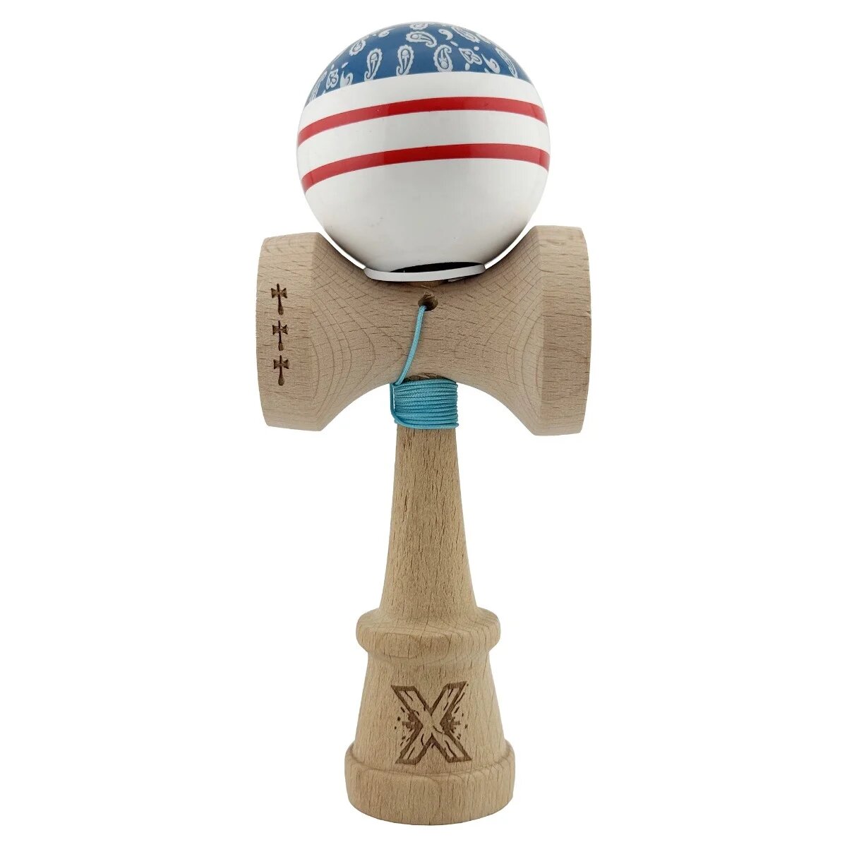 Kendama X Jucarie de indemanare din lemn Flippy Chicanos King Size V3 Super Sticky 18 cm Albastru Alb