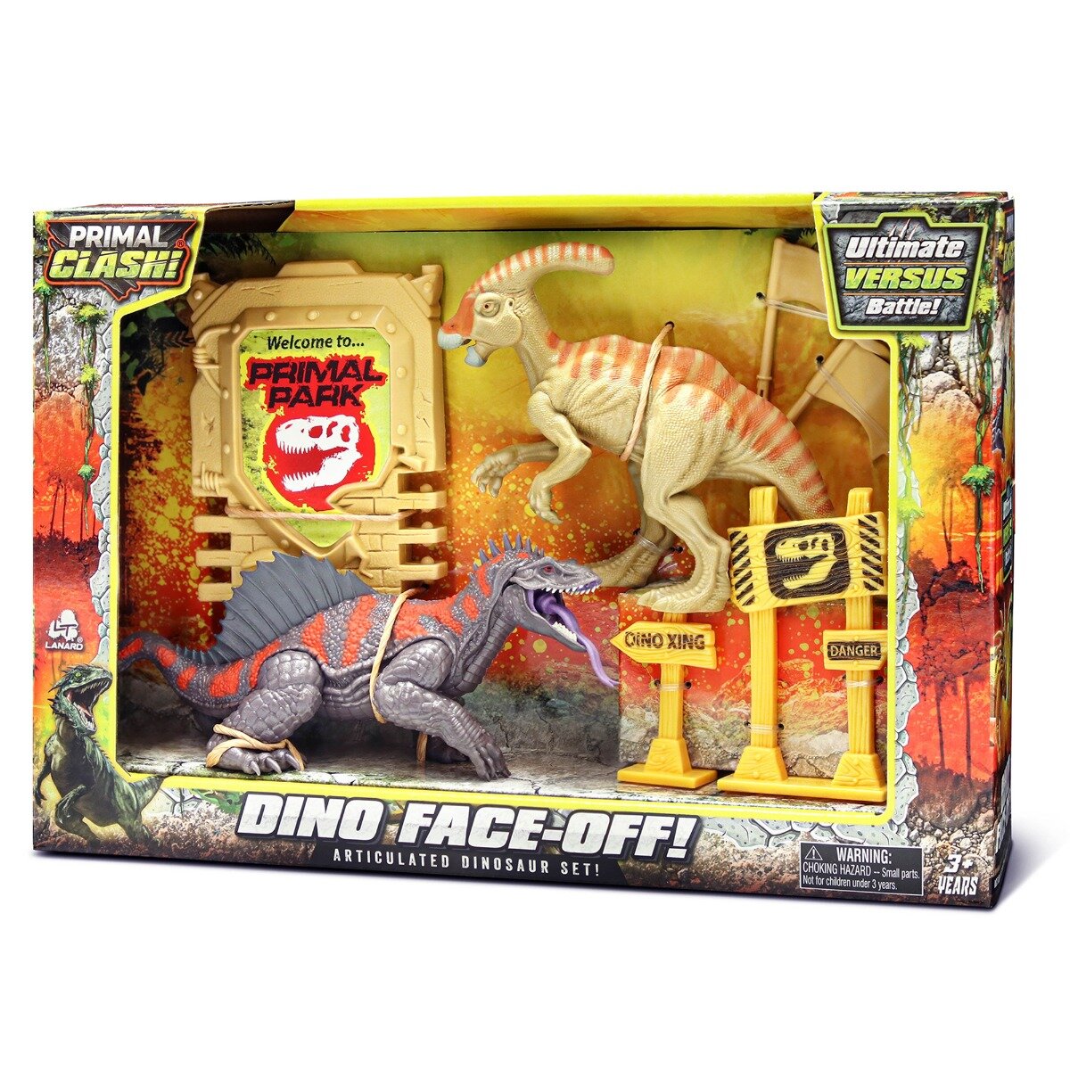 Lanard Toys Set de joaca cu 2 dinozauri si accesorii Primal Clash Gri-Bej