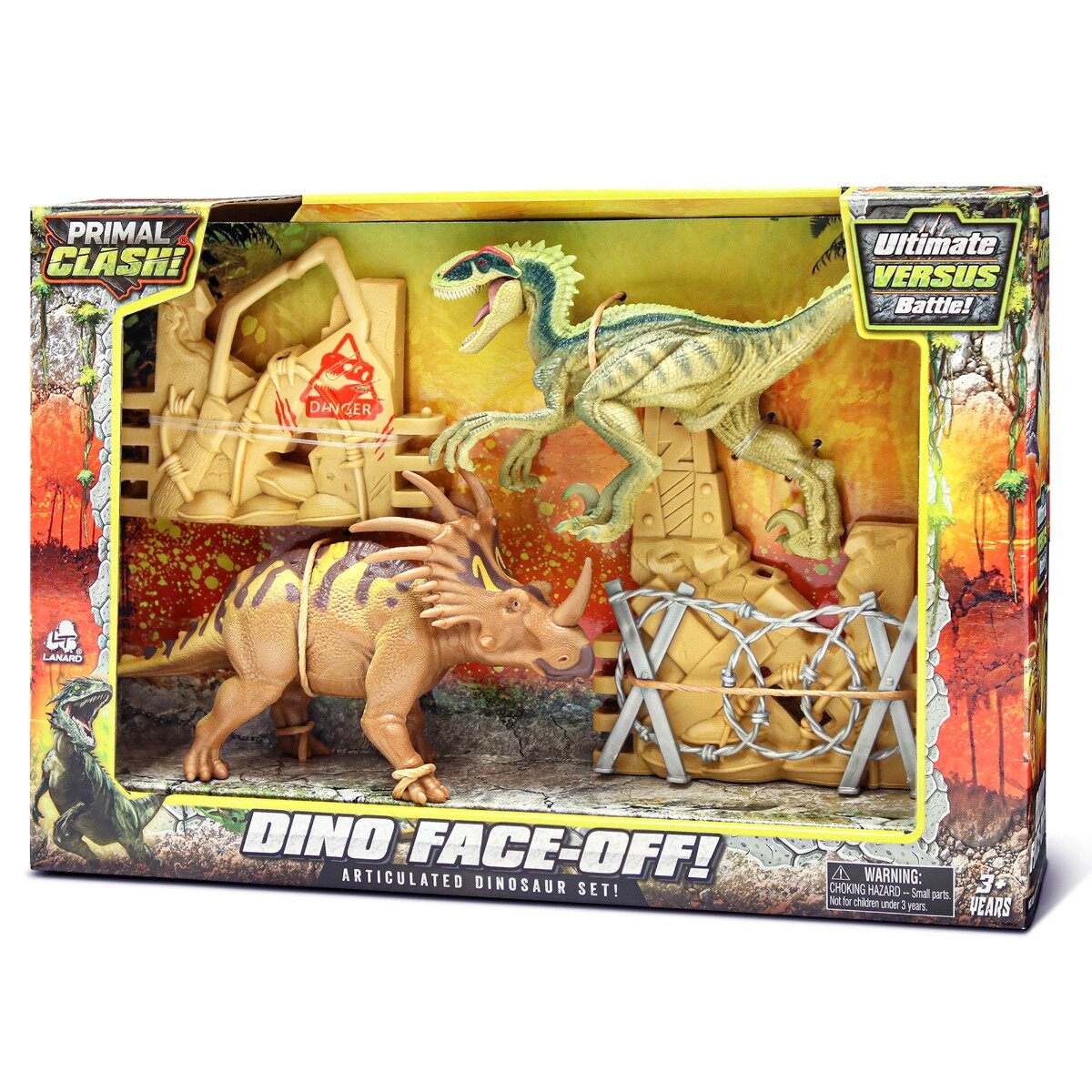 Lanard Toys Set de joaca cu 2 dinozauri si accesorii Primal Clash Maro-Verde