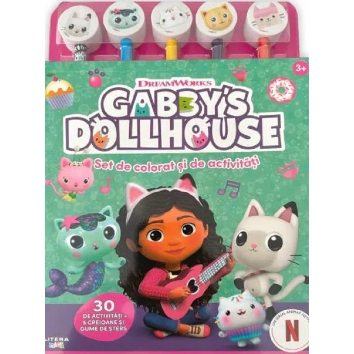 Litera Gabbys Dollhouse Set de colorat si de activitati 30 de activitati cu 5 creioane si gume de sters
