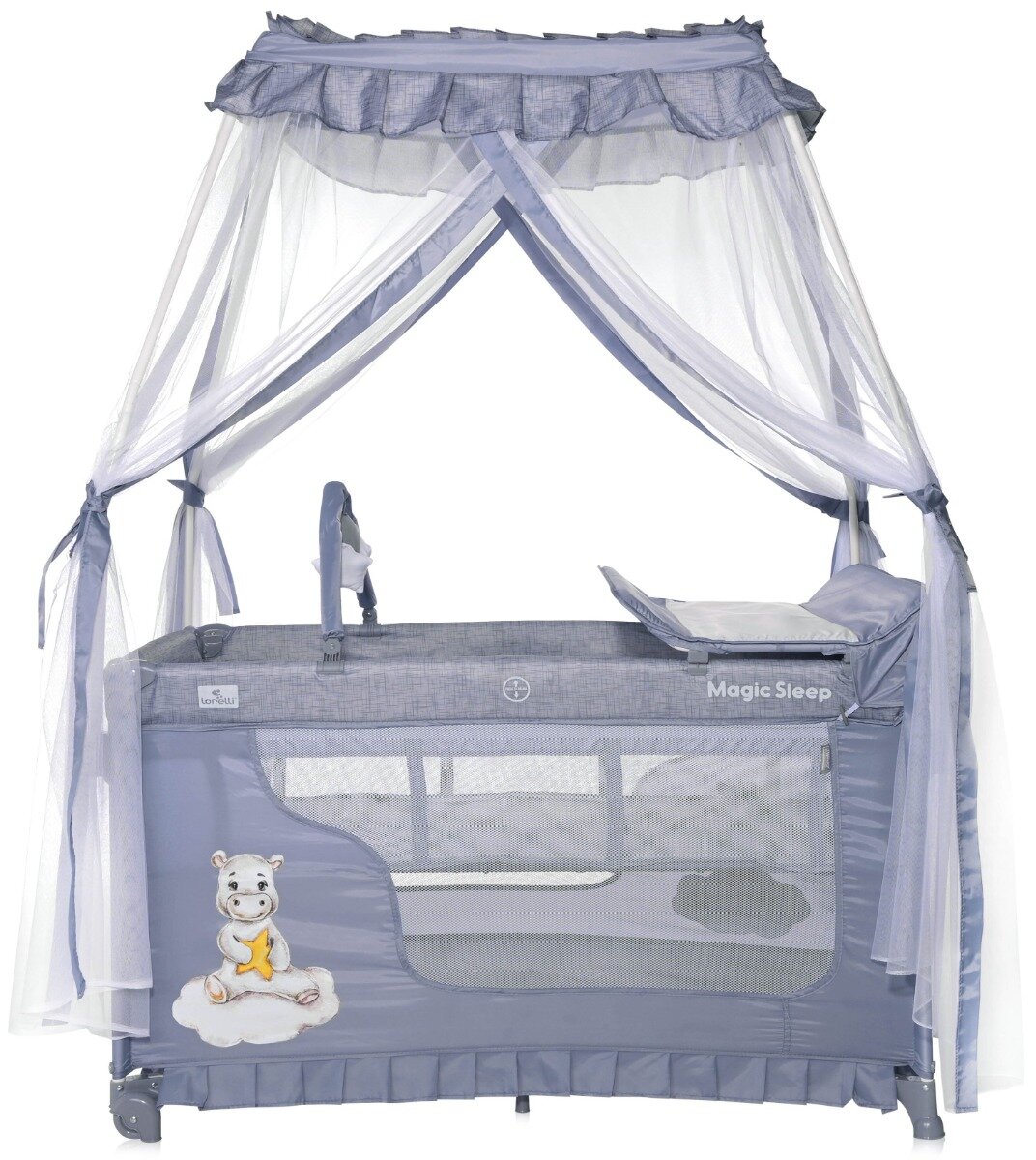 LORELLI Patut pliabil stil baldachin Magic Sleep cu accesorii Cool Grey Hippo