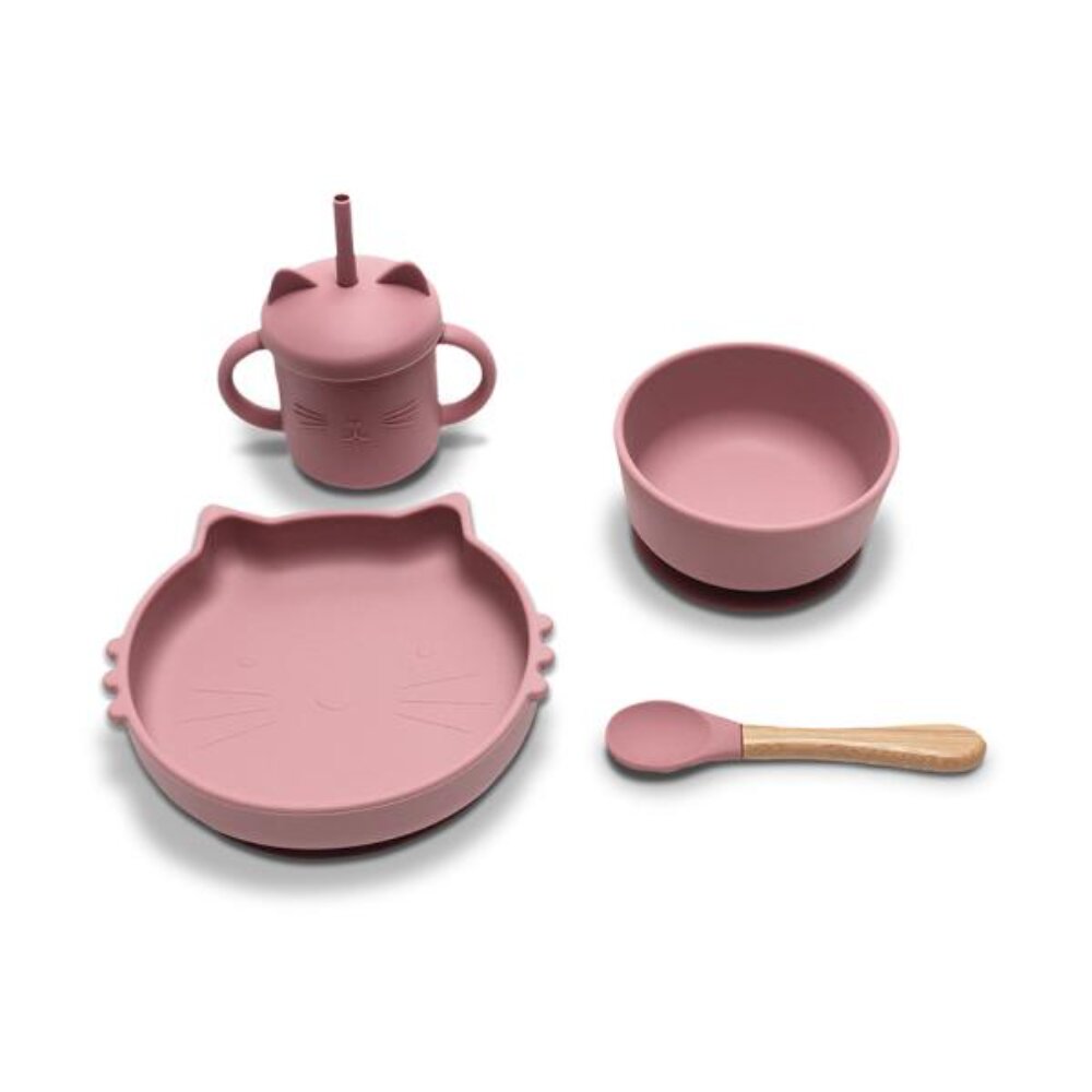 LORELLI Set de hranire din silicon natural 4 piese 6 luni+ Pink
