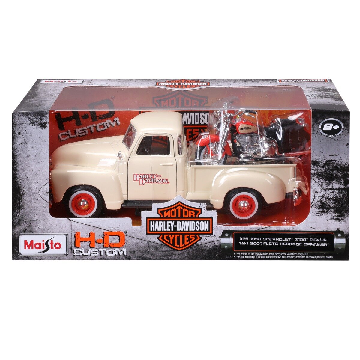 Maisto Set masina si motocicleta H-D Custom 1950 Chevrolet 3100 Pick Up 1:25 si 2001 FLSTS Heritage Springer 1:24