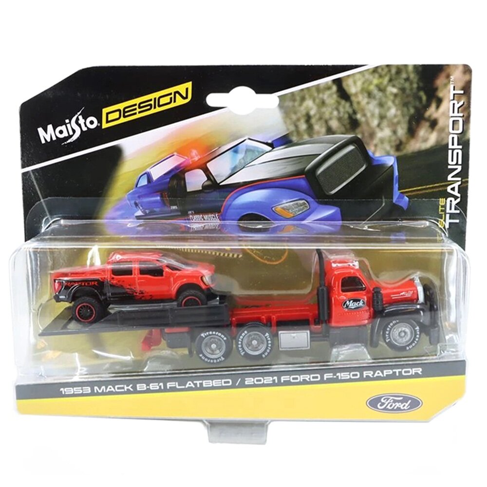 Maisto Transportor si masinuta Design Elite Transport 1953 B-61 Mack Flatbed si 2021 Ford Raptor 1:64