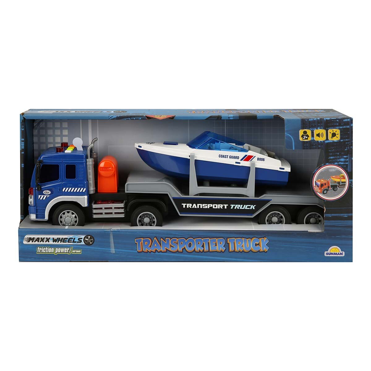 Maxx Wheels Camion de tractat cu lumini si sunete Barca 1:16 Albastru