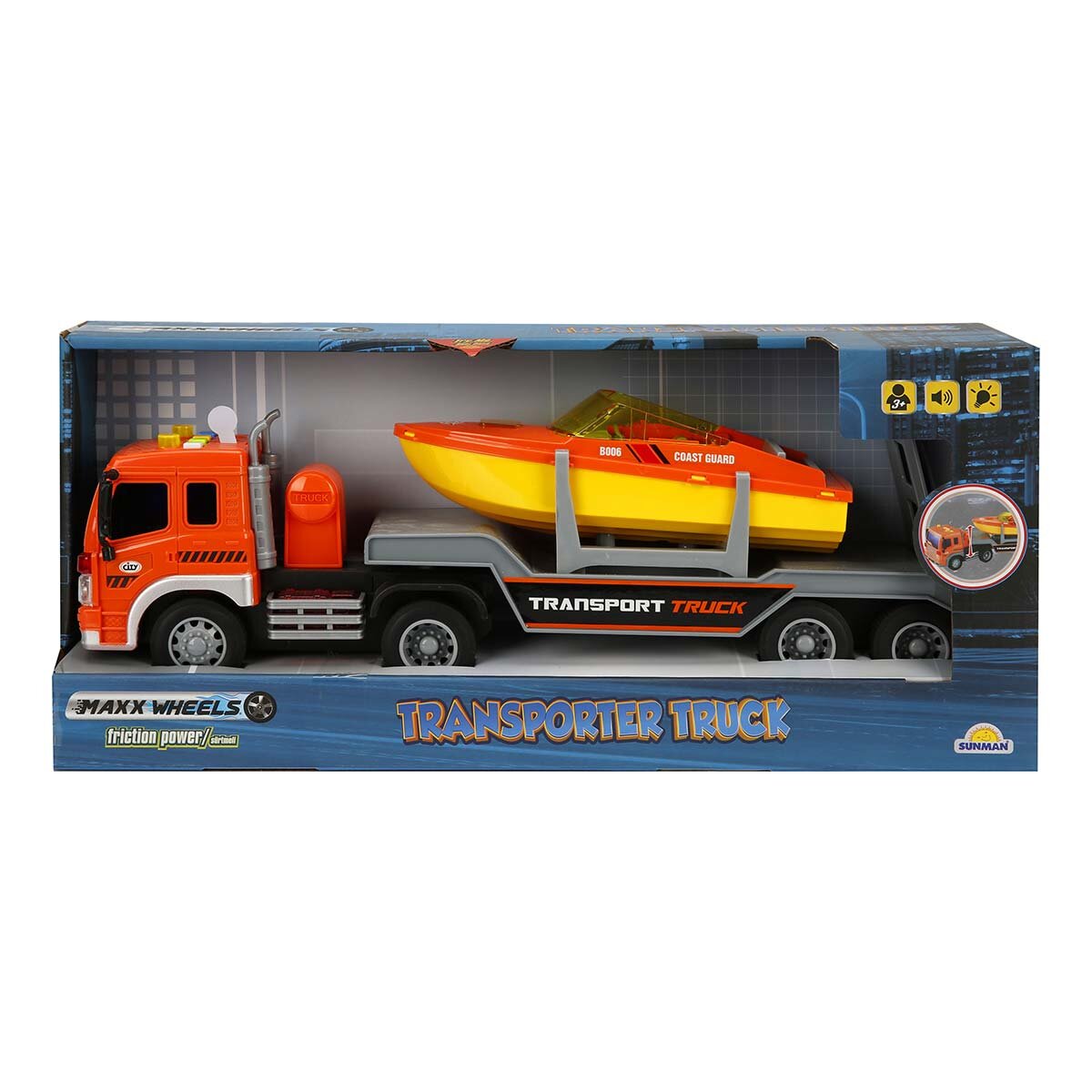 Maxx Wheels Camion de tractat cu lumini si sunete Barca 1:16 Portocaliu