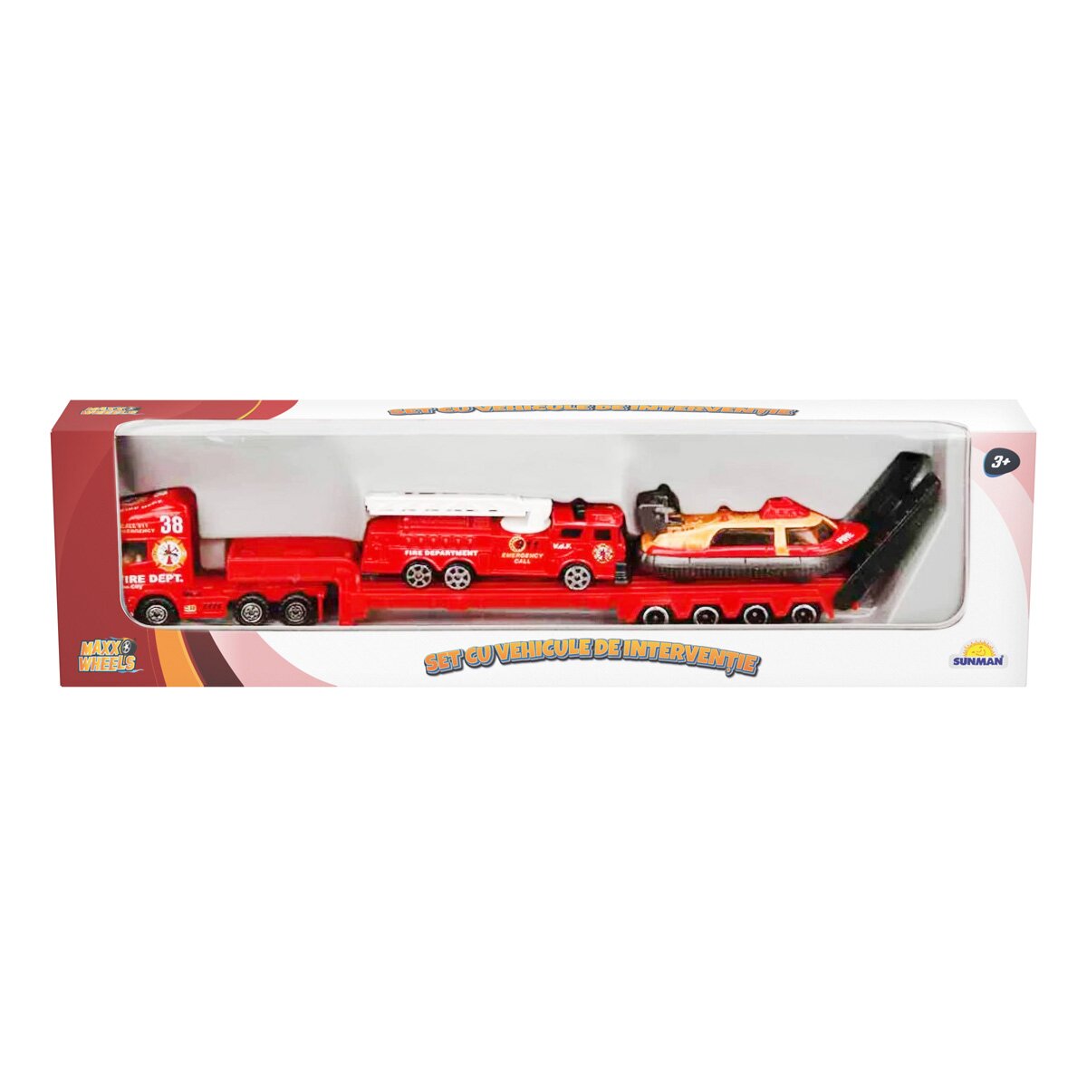 Maxx Wheels Set cu vehicule de interventie Barca si Macara Pompieri