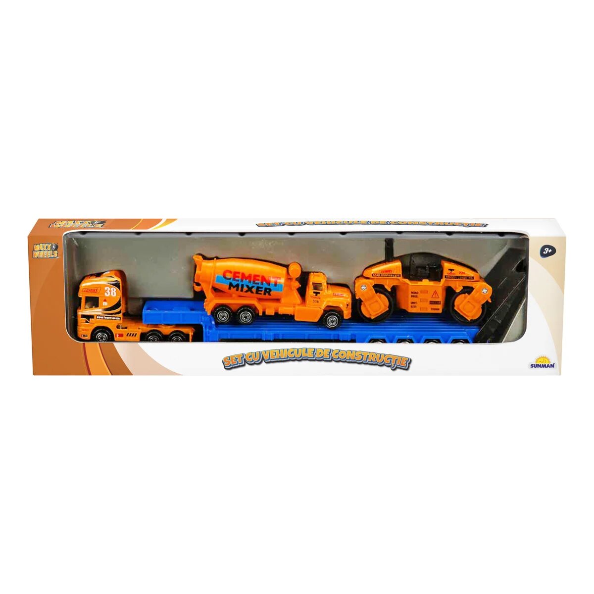 Maxx Wheels Set transportator cu vehicule de constructie Betoniera si Cilindru